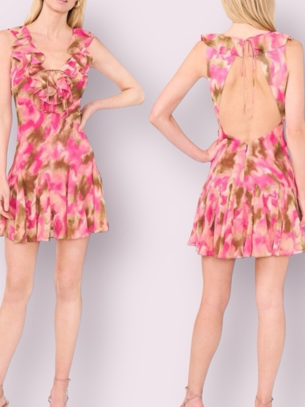 Parker Pink and Tan Tie-Dye Ruffle Backless Mini Dress
